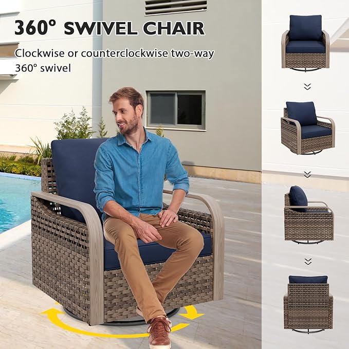 EAGLE PEAK Modern Wicker Outdoor Glider Rocking Chair, Swivel Rocker, Rattan Patio Furniture for Yard Deck Porch Garden, 2 Chairs, Brown/Blue