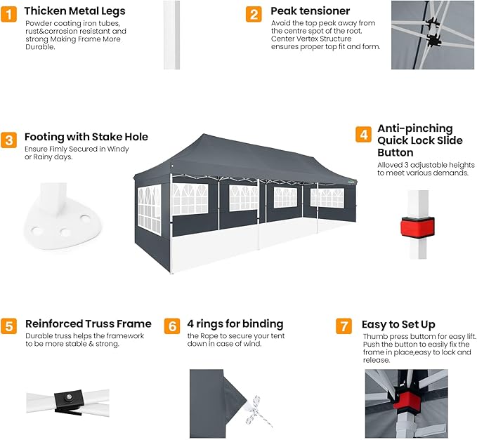 COBIZI 10x30 Pop up Canopy with 8 Removable Sidewalls, Outdoor Canopy Waterproof Commercial Tents for Parties Wedding, with Upgrade Raised Top Cover and Roller Bag, with 4 Sandbags(Gray)