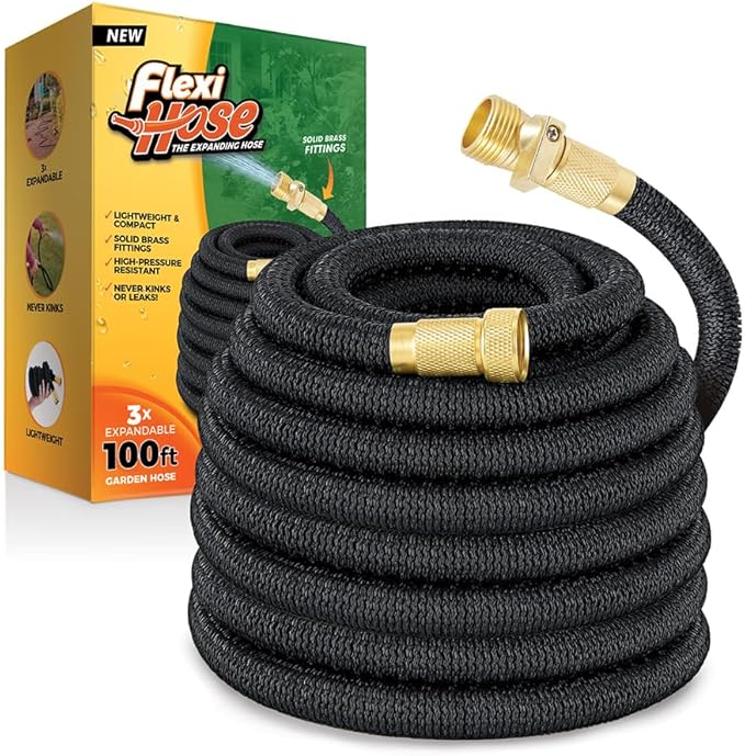 Flexi Hose Lightweight Expandable Garden Hose, 100FT -Retractable Garden Hose, Water Hose - No-Kink Flexibility, 3/4 Inch Solid Brass Fittings and Double Latex Core