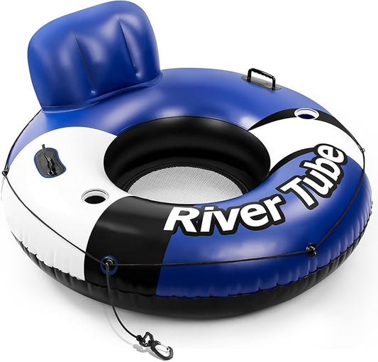 2025 New & Upgraded River Tubes for Floating Heavy Duty, Inflatable Float for Beach Lake Rafting, Fool Floats with Mesh Bottom, Cup Holder, Backrest