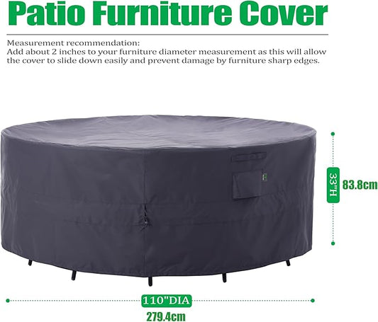 F&J Outdoors Patio Furniture Covers, Heavy Duty Tear Resistant Waterproof UV Resistant Windproof Large Furniture Cover, Grey, 110" Dia x 33" H