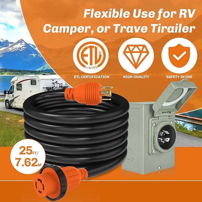 WELLUCK 25FT Power Cord Inlet Box Kit Temporary Connector Cable 30Amp Generator Plug, NEMA L14-30P to L14-30R Extension Cord 25 Feet with NEMA L14-30P Generator Inlet, ETL Listed, Weatherproof