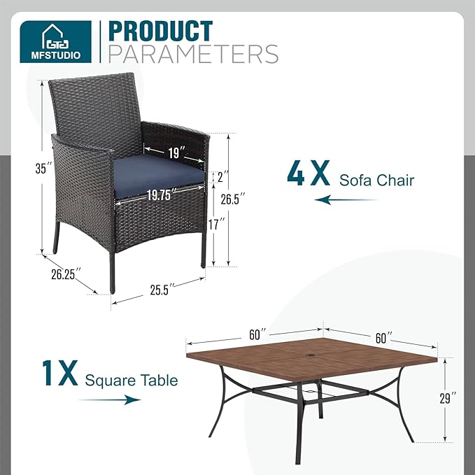 MFSTUDIO Outdoor Dining Set for 8, Patio Table and Chairs, Outdoor 60" Square Metal Table with Chairs, 9 Pieces Patio Furniture Dining Set
