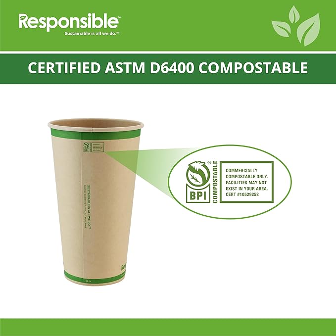 Responsible Products 20 oz Paper Hot Cups, Tree-Less™ Compostable Paper Coffee Cups, Extra Strength, Tree-Free and Made Without PFAS, Natural Brown (1000 Count)