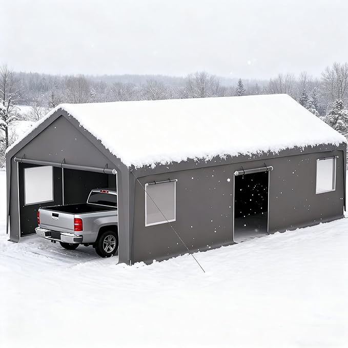 TFN 13x26 ft Heavy Duty Carport Outdoor Garage Car Port Features 2 Roll-up Doors + 1 Side Door Removable Sidewalls Windows All-Season Tarp for Car Boat Truck Vehicle