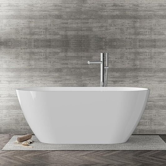59" Free Standing Tub, Acrylic Soaking Bathtub, Stand Alone Freestanding Tub with Matte Sliver Drain and Overflow, Contemporary Bathtub for Bathroom, Gloss White