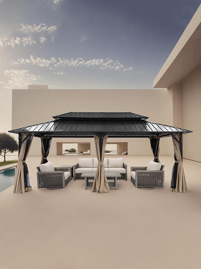 SEEHILL 12' x 20' Hardtop Gazebo, Outdoor Patio Gazebo, Aluminum Frame Patio Hardtop Gazebos with Netting and Curtain, Outdoor Patio Pergola with Double Steel Roofs for Deck, Lawns, Parties, Sandstone