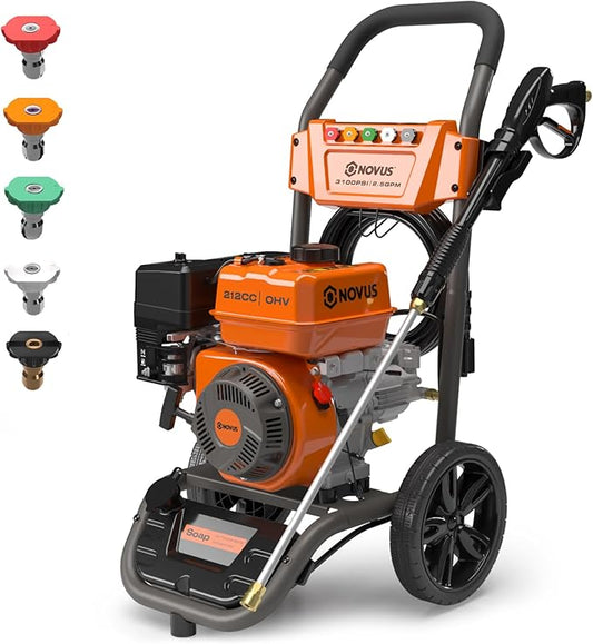 NOVUS Gas Pressure Washer, 3100 PSI 2.5 GPM Power Washer, 30FT Hose, 5 Nozzles, Onboard Soap Tank, Steel Spray Wand, Portable Gas Powered Pressure Washer for Vehicles Driveways Patios Fences Furniture