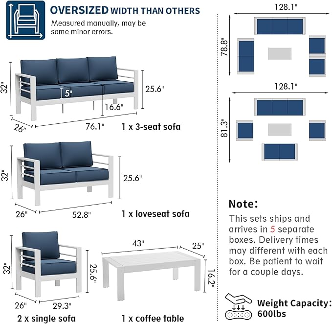 UDPATIO 8 Piece Aluminum Patio Furniture Set, Oversized Modern Outdoor Furniture Set with Olefin Fabric Cushion for Patio Deck Backyard, White/Navy(with Waterproof Covers)