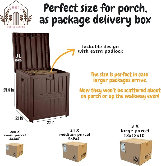 51 Gallon Resin Package Bin for Outside, Secure Lockable Package Box for Front Porch, Large Outdoor Waterproof Deck Box, Brown
