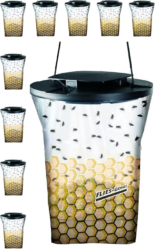 Flies Be Gone Outdoor Fly Trap - Disposable Non Toxic Fly Catcher, Made in USA - Natural Bait Trap for Patios, Ranches, Outdoor Environments - Disposable Flytrap, 10-Pack