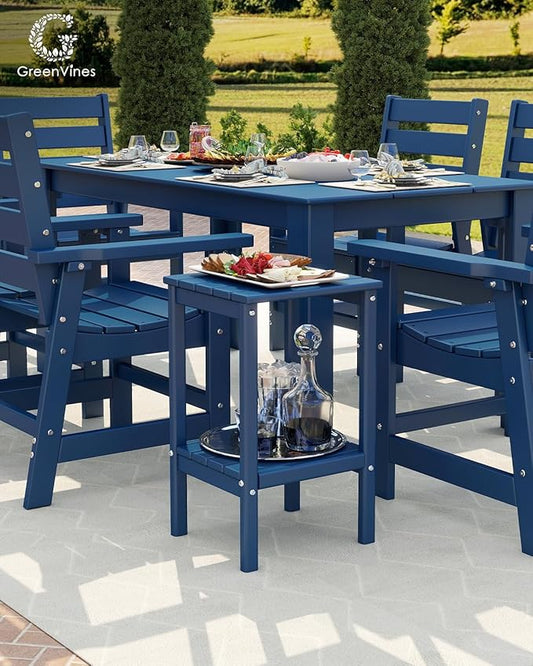 GREENVINES Tall-Outdoor-Side-Table Set of 2 | 23.5" | HDPE Plastic | Patio Adirondack End Tables | All Weather | 2-Tier | Blue | for Porch Garden Indoor & Rocking Chairs