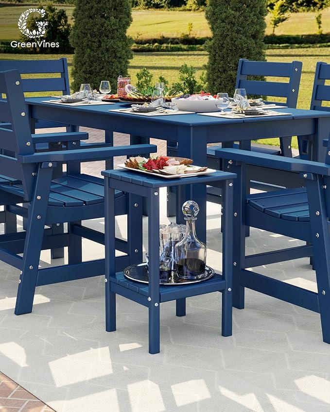 GREENVINES Tall-Outdoor-Side-Table | 23.5" | HDPE Plastic | Patio Adirondack End Tables | All Weather | 2-Tier | Blue | for Porch Garden Indoor & Rocking Chairs
