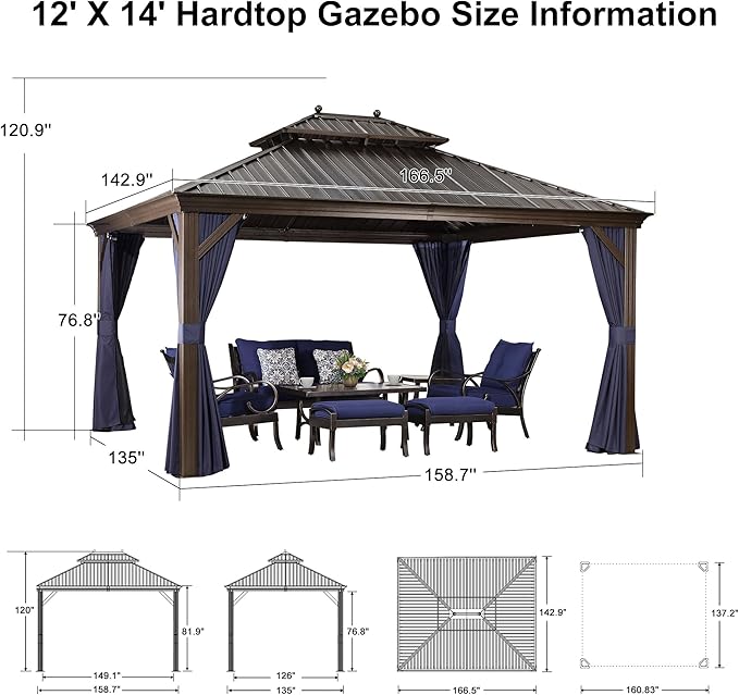 PURPLE LEAF Hardtop Gazebo 12' X 14' Metal Roof with Netting and Curtains Hard Top Backyard Patio Gazebos Permanent Canopy Deck Garden Hot Tub Outdoor Pavilion