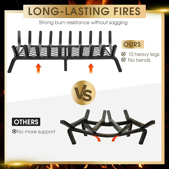 G GOOD GAIN Fireplace Grate with Ember Retainer, 32in Heavy Duty Steel Indoor, Chimney Hearth Wood Stove Burning Rack Holder,1/2 Bar Fire Place Asseccories for Outdoor, Fire Pits, Camping.