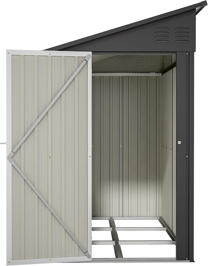 4×8 FT Lean to Metal Shed,Outdoor Heavy-Duty Storage Shed with Floor Base,All Weather Waterproof Garden Tool House W/Lockable Door&2 Air Vent,Reversible Door Design,for Backyard,Patio,Lawn,Black