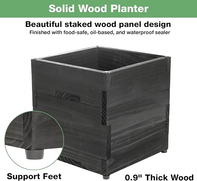 Extra Large Decorative Wooden Planter w/ Universal Pole Support for String Light Poles, Umbrellas, Bird Feeders. Solid Wood Outdoor Garden Box for Plants(Does not include Pole), 17"x17"x18", Black