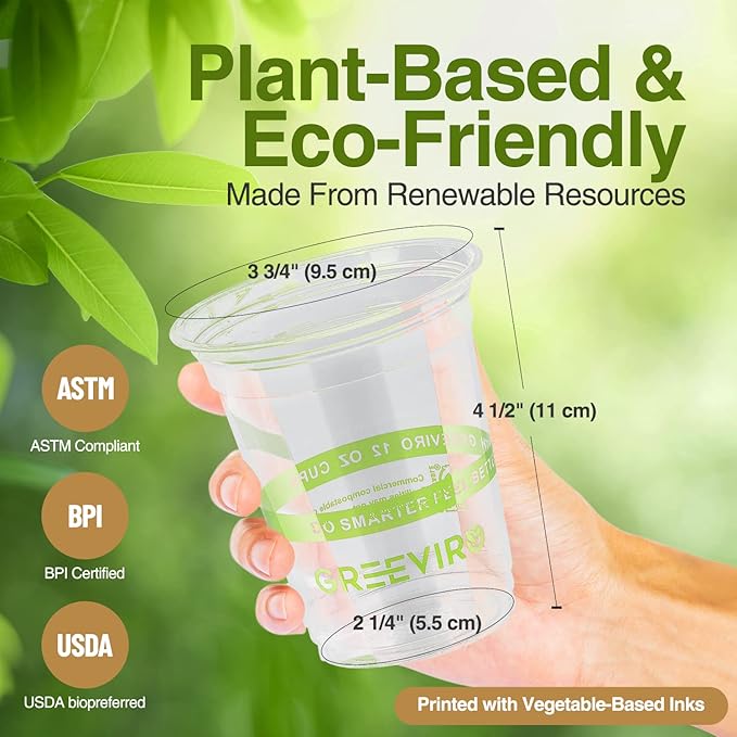 GREEVIRO Eco Compostable Plant-Based Clear Plastic Cups 12oz Thick, Reusable, Disposable Iced Coffee Cups for Smoothies, Beer & Any Beverages for Parties, Weddings & Gatherings