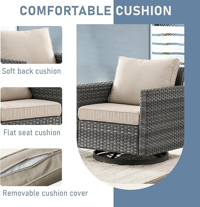 Wicker Patio Furniture Set：7 Piece Outdoor Patio Furniture Set with 2 Swivel Patio Chairs 2 Single Chairs a Coffee Table and 2 Ottomans, Grey Wicker/Beige Cushion