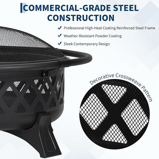 36-Inch Outdoor Wood Burning Fire Pit with Lid & Spark Screen, Heavy Duty Steel, BBQ Grill Grate, Poker, for Backyard, Patio, Campfire