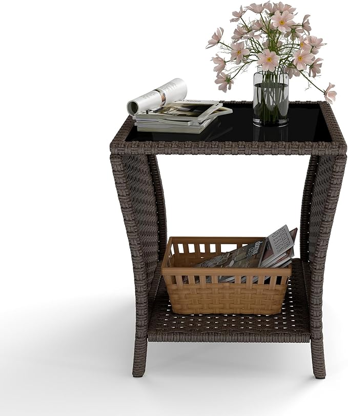 kinbor Outdoor Wicker Side Table - Set of 2 Tempered Glass Top Small Outdoor Table with Storage Shelf for Patio, Balcony & Porch, Durable PE Rattan & Iron Frame