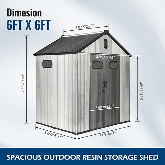Domi 6x6Ft Resin Outdoor Storage Shed, Small Plastic Garden Shed with Carpet, Outside Weatherproof Storage Building for Tools, Bike, Lawn Mower, Patio, Backyard