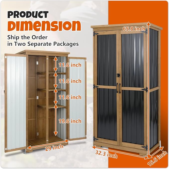Outdoor Storage Cabinet with Shelves, Wood & Metal Storage Shed with Weatherproof Roof, 3 Removable Shelves, Double Lockable Doors, Adjustable Feet, Outside Storage Cabinet for Garage, Patio, Backyard