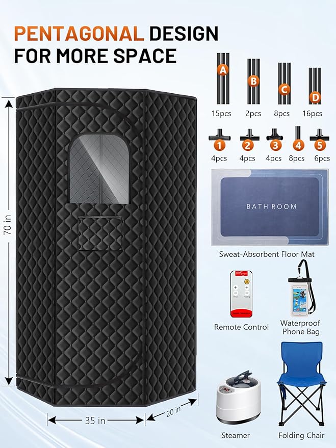 Portable Sauna Box for Home, Personal SPA Steam Sauna with 10 Min Fast Heating & 9 Levels Heat, Warm Sauna Tent with 3L/1200W Steamer, Folding Chair, Remote Control for Body Relaxation