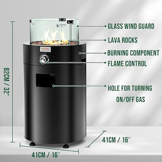 ONLYFIRE OUTDOOR LIVING Detachable Gas Fire Pit with Lava Rocks, Glass Shield & Wheels, Smokeless Propane Fireplace with Hose for Patio Backyard Camping RV Tailgating Restaurant Beach, Round, #FP034