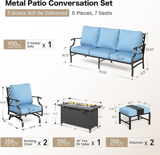 6 Pieces Metal Patio Furniture Set with Firepit Table, Patio Conversation Set with 5.75" Thick Cushion, Outdoor Furniture 3-Seater Sofa, 2 Rocking Chair & 2 Ottoman for Backyard, Blue