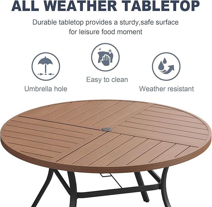 VICLLAX Round Patio Dining Table, 6-8 Person Metal Outdoor Dining Table with Umbrella Hole and Storage Shelf for Garden Lawn Deck, 53" Walnut