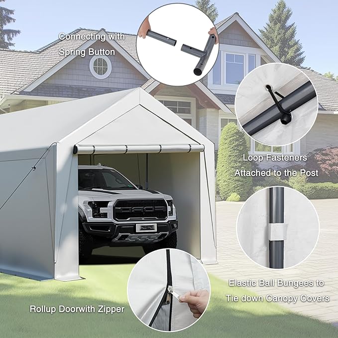 Carport Canopy 10x20 Heavy Duty, Portable Carport Garage with Removable Sidewalls and Door, Car Port with Waterproof Canopy for All Season (White)