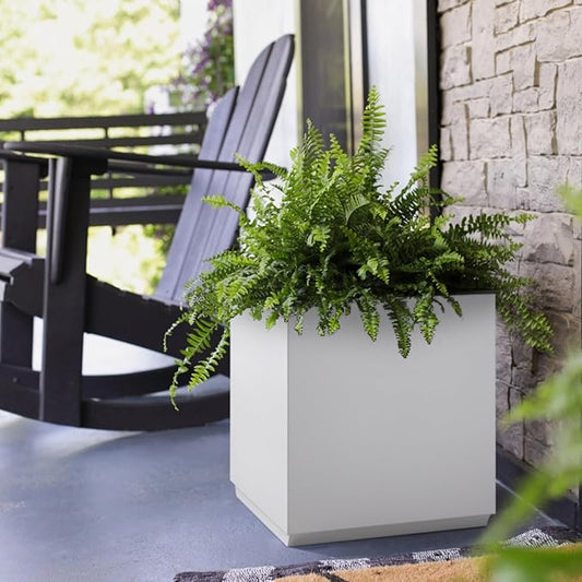 Wallowa Metallic Heavy Cube Square Planter, No Assembly Required, Seamless Large Outdoor Planter, Tall Plants and Flowers 17'Lx17'Wx20'H 24lbs White
