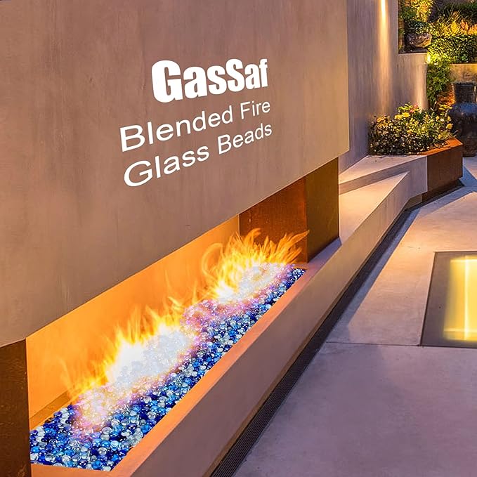 GasSaf Blended Fire Glass Beads for Outdoor Fire Pit, Fireplace, Replaces Existing Gas Logs & Lava Rocks, 3/4 Inch Glass(20 Pound)(Cobalt Blue, Caribbean Blue, Crystal Clear Luster)