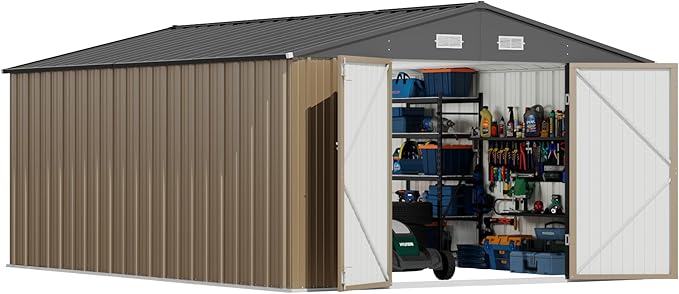 Devoko 10x14 FT Outdoor Storage Shed, Large Metal Storage Sheds with Lockable Door, Utility Garden Tool Shed with Sloping Roof, Outside Steel Storage Sheds for Patio Lawn Backyard, Brown