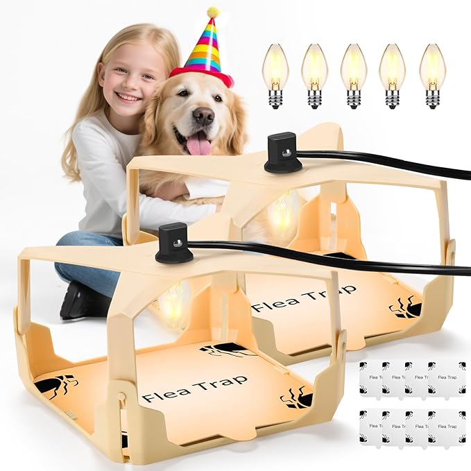 Flea Trap for Inside Your Home - 6 Bulbs & 8 Sticky Glue Boards for Bed Bug Control, Flying Insects Killer, Trap Pest Control for Bugs Gnats Moths Indoor and Outdoor（Off-White）