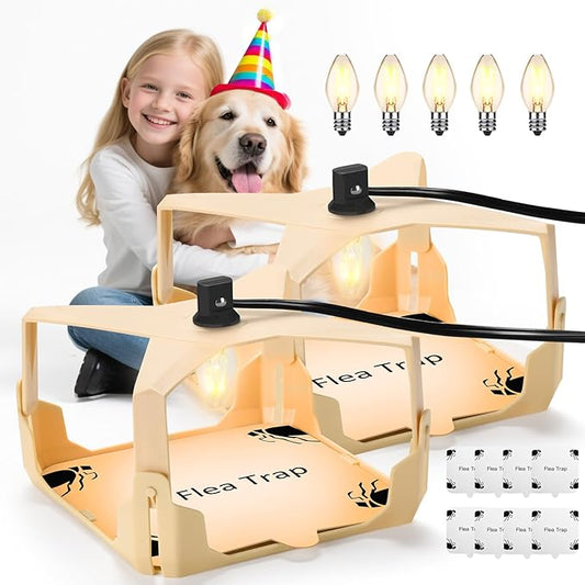Flea Trap for Inside Your Home - 6 Bulbs & 8 Sticky Glue Boards for Bed Bug Control, Flying Insects Killer, Trap Pest Control for Bugs Gnats Moths Indoor and Outdoor（Off-White）
