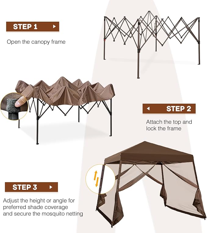 INTER HUT 10x10 Pop up Canopy Tent with Mesh Netting, Slant Leg Instant Screened House Gazebo, Brown