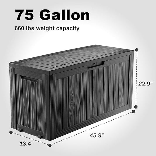 75 GallonOutdoor Storage Box,Resin Deck Boxes Waterproof, IndoorOutdoor Bin for Package Delivery, Patio Cushions, Gardening Tools, Lockable, UV Resistant