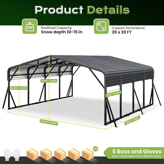 Heavy Duty Metal Carport Canopy, 20x20 FT Outdoor Car Port with Waterpoorf Metal Roof& Side Support Rods, Multi-Use Shelter Outdoor Garage for 2 Car, Boats and Truck