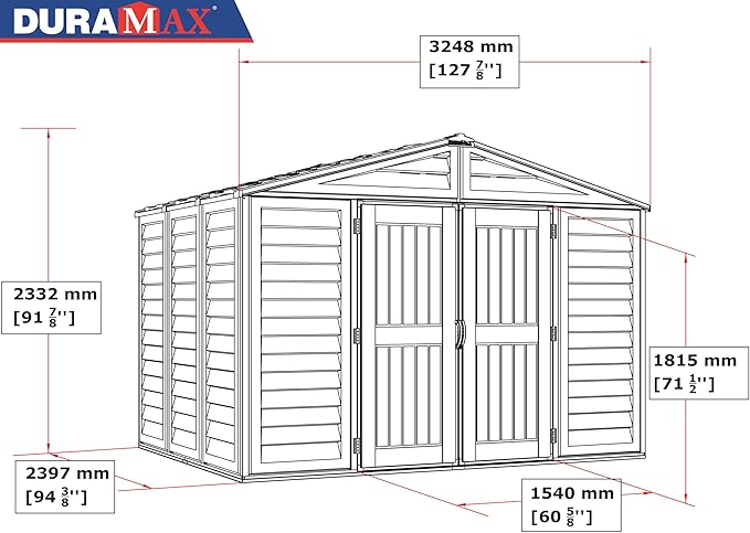 Duramax Woodbridge Plus 10.5 x 8 (8.02 m2) Plastic Garden Shed with 1 Fixed Window & Metal Foundation Kit, Strong Metal Roof Structure Fire Retardant and Maintenance-Free Storage Shed - Ivory/Brown