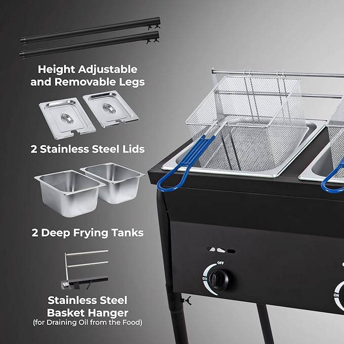 Two Tank Outdoor Deep Fryer with Baskets | Propane Deep Fryer with 2 Stainless Steel Basket & Lid Covers | Large Oil Tank Capacity with Regulating Knobs (Black)