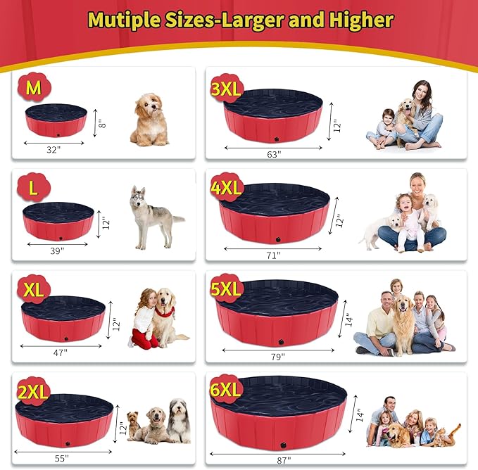 Foldable Dog Pool, 32" x 8" Kiddie Pool with Hard Plastic, Non-Slip Dog Bath Tub for Outdoor Backyard, Collapsible Dog Swimming Pool for Kids Dogs Pets (Red)
