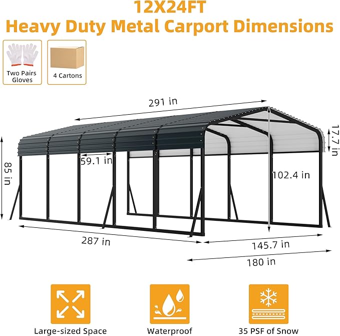 12' x 24' Heavy Duty with Galvanized Steel Roof, Tall Kits Garage for Tractors, Trucks, Boats, Cars, Heavy Duty Roof with Enhanced Base