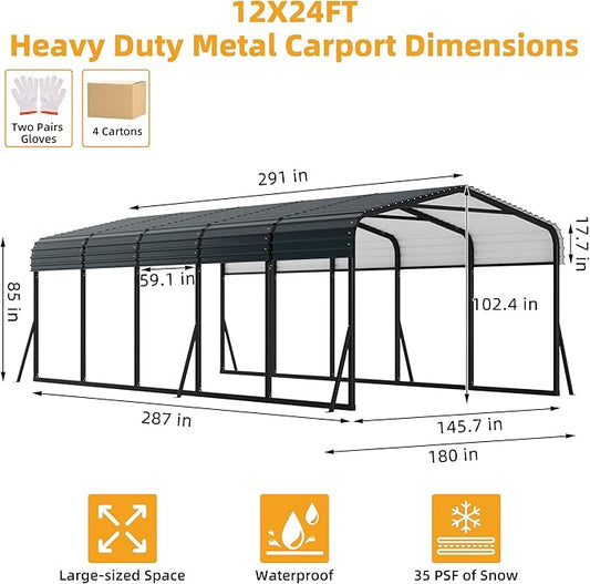 12' x 24' Heavy Duty with Galvanized Steel Roof, Tall Kits Garage for Tractors, Trucks, Boats, Cars, Heavy Duty Roof with Enhanced Base