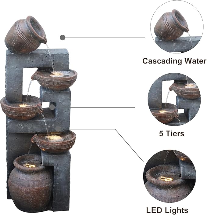 Bumilgar 33.8" H Water Fountain Outdoor with LED Lights & Pump, 5-Tier Cascading Outdoor Fountain for Garden,Patio,Porch,Backyard,Home Art Decor (Brown)