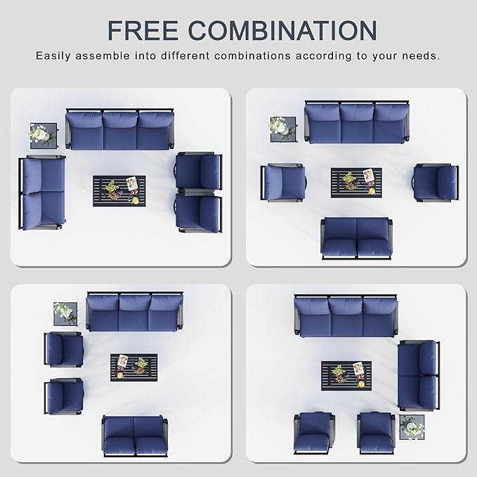 6 Pieces Modern Patio Furniture Set, All Weather Metal Outdoor Conversation Sets with 5.1" Extra Thick Cushion for Backyard Garden Deck Porch Poolside, Blue