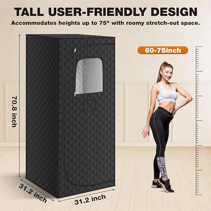 Portable Sauna Box for Home, Personal Steam Sauna Tent with 3L 1200 Watt Steamer, Remote Control and Fodable Chair, for Steam Detox Relaxation Spa, Indoor & Outdoor, 9 Levels, 2.6’ x 2.6’ x 6.1’