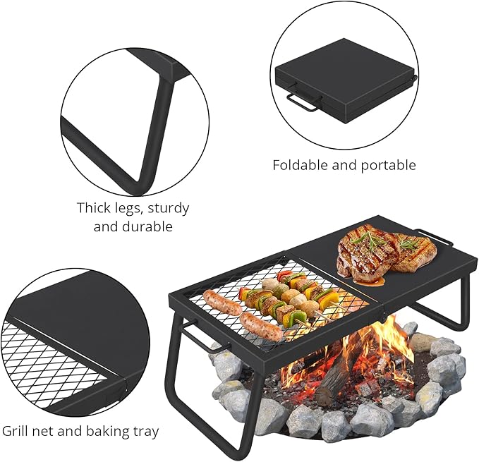 Portable Campfire Grill, Heavy Duty Steel Mesh Grate and Roasting Pan, Foldable, 22.4 x 11.2'' Camping Grates, Camping Essentials with Carrying Bag, for Outdoor Campsite & Party