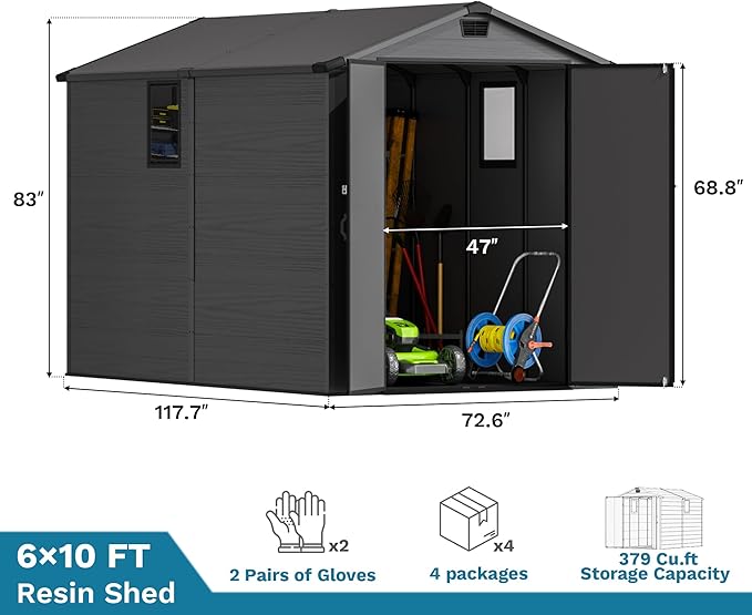 Devoko 6x10 FT Plastic Outdoor Storage Shed - Lockable Resin Tool Shed with Window & Floor - Easy Assembly for Garden, Backyard, Dark Gray
